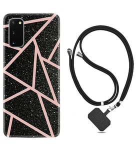 Samsung A02S A03S A10 A12 A13 A21S A22 Kılıf Boyun Askılı Silikon Pembe Şeritli Mermer 1312