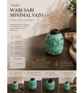 Wabi-Sabi Minimal Turkuaz Vazo  El Yapımı Dekoratif Seramik Görünümlü Vazo 11x8 cm