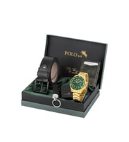 Polo Air Mercek Takvimli Erkek Kol Saati Cüzdan Kemer Çakmak Anahtarlık Seti Gold Yeşil Renk PL-7078E8 (Yeşil-Altın)