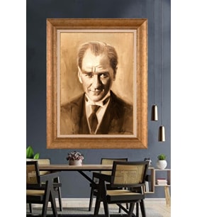Altın Varaklı Çerçeveli Paspartulu Atatürk Tablo nh361 (Gold)