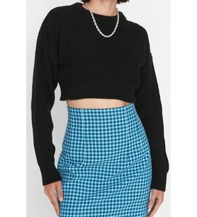 Stil Modern Kadın Crop Düşük Kol Bisiklet Yaka Super Basic Triko Kazak (Siyah)