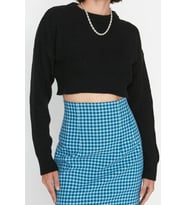 Stil Modern Kadın Crop Düşük Kol Bisiklet Yaka Super Basic Triko Kazak (Siyah)