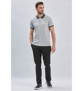 Koyu Antrasit Baskılı Pike Polo Yaka Pamuklu Likralı Casual Slim Fit Dar Kesim Tişört 1011240158