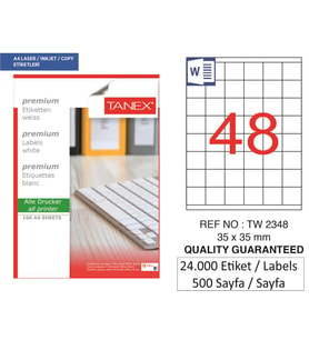 Tanex Lazer Etiket tw-2348 500 A4 Sayfa Laser Etiket 35 x 35 mm Boyutunda 1 A4 Sayfada 48 Etiket