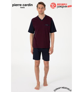 Pierre Cardin Paris Premium Erkek V Yaka Jakarlı %100 Pamuklu Kısa Kollu Şortlu Kutulu 3'lü Pijama Takım