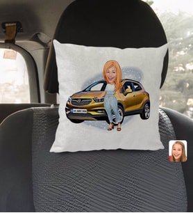 BK Gift Kişiye Özel Plakalı Kadın Opel Mokka Karikatürlü Kare Araç Koltuk Yastığı-1