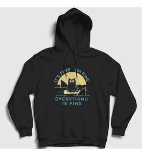 Presmono Unisex Siyah Everything Is Fine Cat Kedili Kapüşonlu Sweatshirt 447347tt