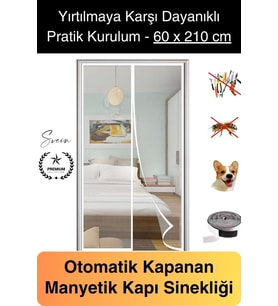 Dayanıklı Mıknatıslı Kapı Sinekliği 60x210 cm Tül Haşere Böcek Sivrisinek Geçirmez Manyetik Beyaz
