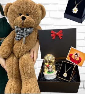 Büyük Boy Kahverengi Peluş Ayıcık ve Kolyeli Fotoğraflı Hediye Kutusu - Premium Set (Model 5)