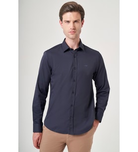 Lacivert Sert Yaka Uzun Kol Cepsiz Slim Fit Pamuklu Gömlek 1004260213