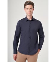 Lacivert Sert Yaka Uzun Kol Cepsiz Slim Fit Pamuklu Gömlek 1004260213