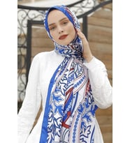 ŞALEVİ Kadın Tesettür Twill Şal Eşarp Başörtü Aksesuar Çinili T7017 (Koyu Mavi)