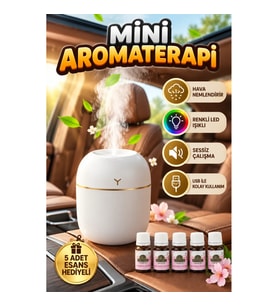 Mini Aromaterapi Difüzörü ve Hava Nemlendirici – 5 Esans Hediyeli LED Işıklı