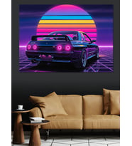 Neon Işıklı Retro Araba Dekoratif Kanvas - Mdf Ahşap Tablo