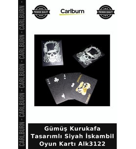 Özel Üretim Tasarım Koleksiyon Gümüş Kurukafa Tasarımlı Siyah İskambil Oyun Kartı Alk3122