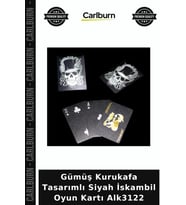 Özel Üretim Tasarım Koleksiyon Gümüş Kurukafa Tasarımlı Siyah İskambil Oyun Kartı Alk3122