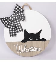 Welcome Siyah Kedi Figürlü Ahşap Kapı Süsü - El İşçiliği Dekoratif Duvar Panosu - Hayvanseverlere Modern Ev Hediyesi (30 cm)