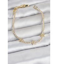 Pirinç Gold Renk Minimal Yıldız Model Zirkon Taşlı Su Yolu Kadın Bileklik 5886 - EEEEEE2407-8