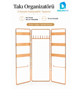3 Kanatlı Katlanabilir Takı Organizeri, Gold renk, Çok Fonksiyonlu Stand
