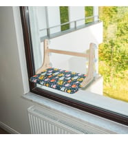 Güçlü Vantuzlu Kedi Cam Yatağı, Cama Asılan Ahşap Kedi Yatağı, 6 Güçlü Vantuzlu, Minderli, Pencere Önü Dinlenme Alanı, Standart (Kedili Desen)