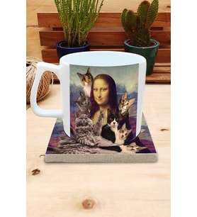 Kediler ve Sanat/Leonardo Da Vinci Mona Lisa Set 10 -Yelken Fincan Kupa-Taş Bardak Altlığı 2