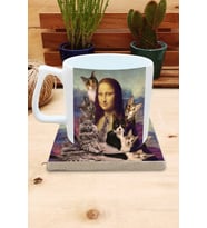 Kediler ve Sanat/Leonardo Da Vinci Mona Lisa Set 10 -Yelken Fincan Kupa-Taş Bardak Altlığı 2