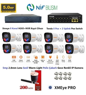 Xmeye 5mp 2.8mm Sabit Lens Polis Çakarlı Sesli Ve Gece Renkli 8 Kameralı IP Kamera Seti Disk Yoktur