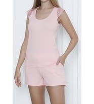 Kadın Şortlu Pijama Takımı Dantelli Sıfır Kol Likrali Cepli Kaşkorse AÇIK SOMON