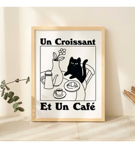Fransız Cafe Kruvasan Kedi Baskı, Retro İçecek Posteri, Bistro Kahve Posterleri, Un Cafe Sil Vous Plait