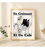 Fransız Cafe Kruvasan Kedi Baskı, Retro İçecek Posteri, Bistro Kahve Posterleri, Un Cafe Sil Vous Plait