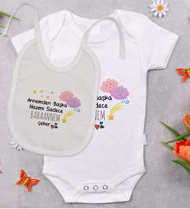 BK Kids Babaannem Tasarımlı Bebek Body Zıbın ve Mama Önlüğü Hediye Seti - Model 1