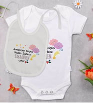 BK Kids Babaannem Tasarımlı Bebek Body Zıbın ve Mama Önlüğü Hediye Seti - Model 1