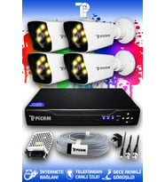 PICAM 4 Kameralı Kare 4 Dış Kamera Set HDD'siz Full HD Renkli Gece Görüşlü Güvenlik Kamerası Sistemi