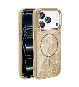 iPhone 17 Pro Max Kılıf Magsafe Şarj Özellikli Parlayan Simli Okso Kapak (Gold)