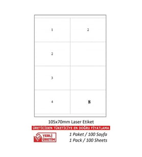 A1 Etiket Lazer Etiket tw-2208 100 A4 Sayfa Laser Etiket 105 x 70 mm Boyutunda 1 A4 Sayfada 8 Etiket