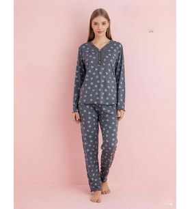 Pijamerry Kadın Bambu Baharlık Dantel Yaka Uzun Kol İnce Pijama Takımı 5204F - 1 Adet (Füme)