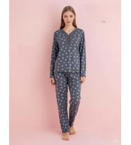 Pijamerry Kadın Bambu Baharlık Dantel Yaka Uzun Kol İnce Pijama Takımı 5204F - 1 Adet (Füme)