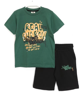 Slogan Baskılı Erkek Çocuk Şort T-Shirt Takım 4-11 Yaş Yeşil Siyah