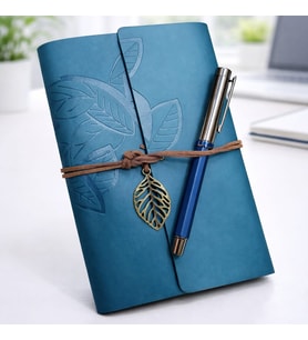 Yaprak Desenli Deri Defter Ve Lacivert Metal Roller Kalem Seti