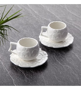 PORSELEN 2Lİ BEYAZ KAHVE FİNCANI GRAVÜR PAPATYA DESEN-DURA