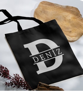 BK Gift Kişiye Özel Harfli Siyah Kumaş Bez Çanta-1, Baskılı Omuz Çantası, Alışveriş Çantası