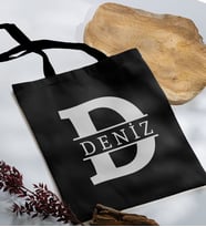 BK Gift Kişiye Özel Harfli Siyah Kumaş Bez Çanta-1, Baskılı Omuz Çantası, Alışveriş Çantası