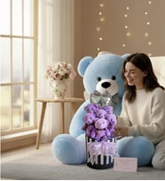 Premium 90 cm Peluş Ayı ve Silindir Kutuda, Kalpli Balonlu 6’lı Mor Ayıcık Buketi (Açık Mavi)