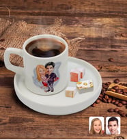 BK Gift Kişiye Özel Sunum Tabaklı Sevgililer Karikatürlü Türk Kahvesi Fincanı Model 2