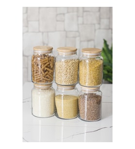 6 Lı Set Bambu Kapaklı Cam Kavanoz & Erzak Saklama Kabı 800 ml Orta Boy ( Vakum Kapak )