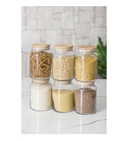 6 Lı Set Bambu Kapaklı Cam Kavanoz & Erzak Saklama Kabı 800 ml Orta Boy ( Vakum Kapak )