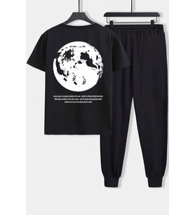 Unisex The Moon Baskılı 2'li Eşofman Takımı (Siyah)