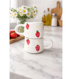El Dekorlu Çilekli Papatyalı Desen 2'li Kupa/Mug/Fincan Seramik Model