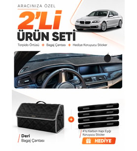 BMW F10 (2010-2017) Uyumlu Torpido Örtüsü + Deri Bagaj Çantası + Sticker Seti - Siyah Gri