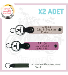 Motor Severlere, İsim Plaka ve A Rh (-) Kan Grubu, Özel Tasarım Deri x2 Anahtarlık, Pudra-Pembe-Ysl